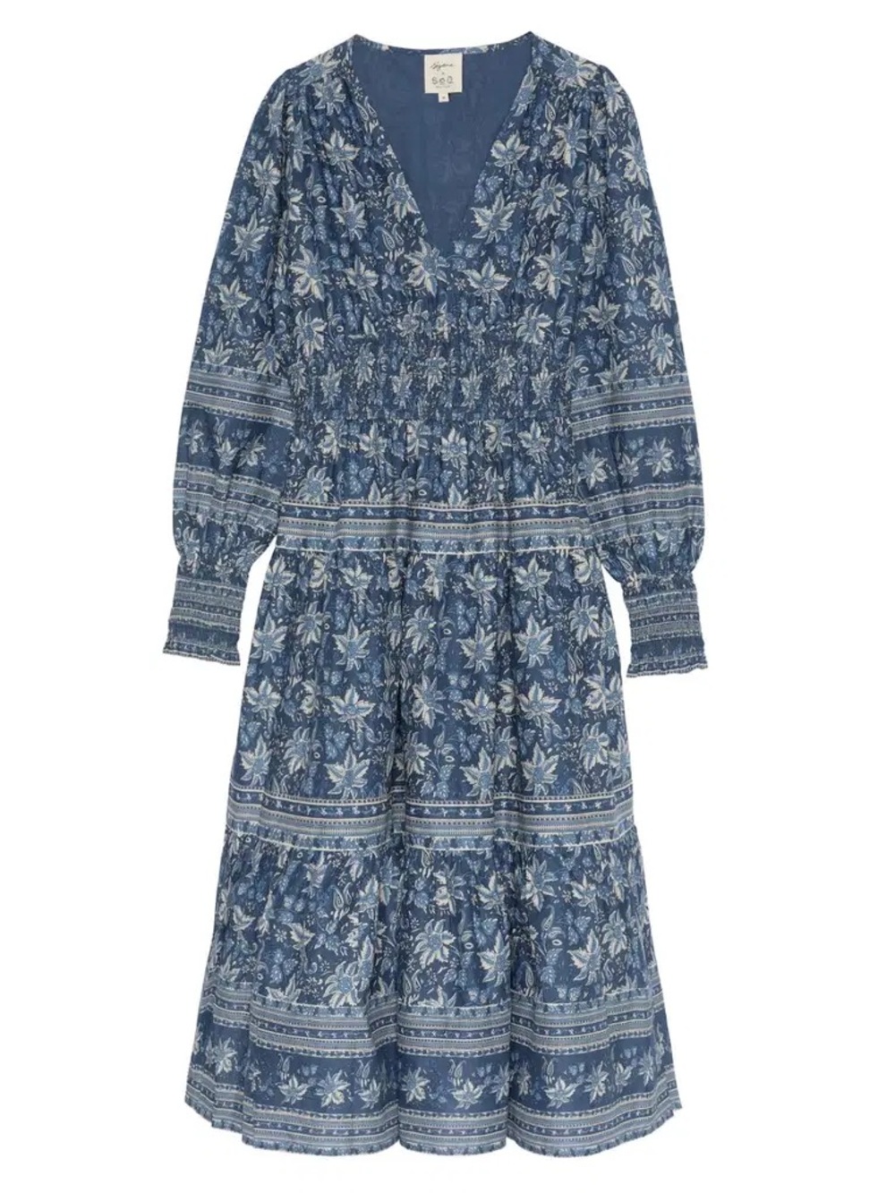 Sezane x Sea New York Blue Floral Long Sleeve Smocked Midi Dress